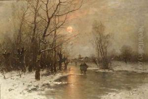 Peasants on a frozen waterway at dusk by Johann II Jungblut