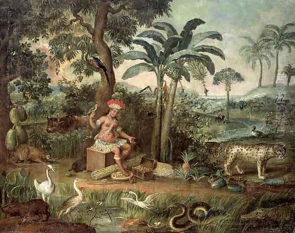 Native Indian in a landscape with animals - view 1