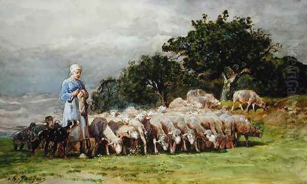 A Shepherdess with a Flock of Sheep - view 1