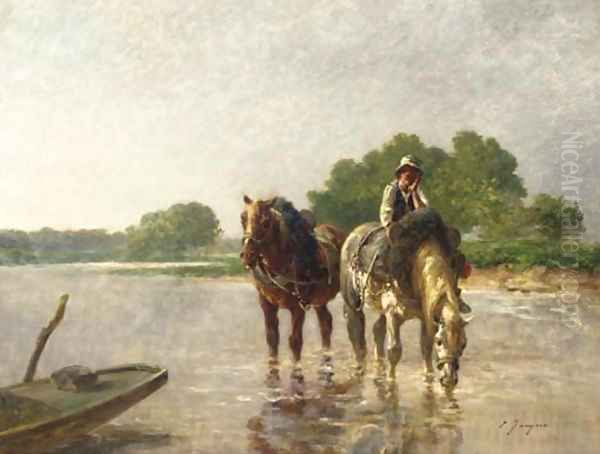Working horses pausing for a drink in a river - view 1