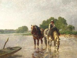Working horses pausing for a drink in a river by Charles Emile Jacques