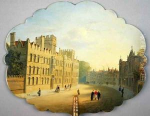 Victorian screen with a scene of Oxford High Street and Queens College by L. and Bettridge, H. Jennens
