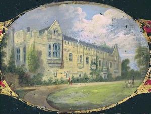 Victorian sewing box panel decorated with an oval cameo of St Johns College gardens by L. and Bettridge, H. Jennens