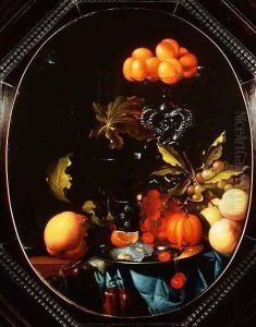 Still life with pumpkins fruit and oysters by Cornelis I Johnson
