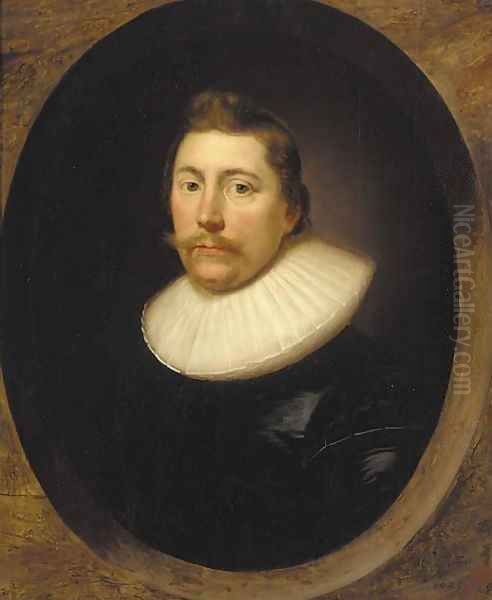 Portrait of a gentleman, bust-length, in a black silk doublet and white ruff, feigned oval - view 1