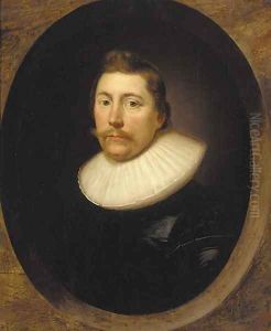 Portrait of a gentleman, bust-length, in a black silk doublet and white ruff, feigned oval by Cornelis I Johnson