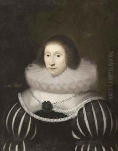 Portrait of Margaret, Lady Heath, wife of Sir Robert Heath, half-length, in a black dress with slashed sleeves and a white ruff, with a rope of pearls