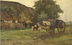 A peasant family by a farm by Joseph Gerardus van Jole