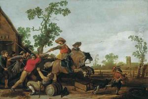 Villagers attacking cavalry outside a cottage by Jacob Martsen de Jonge