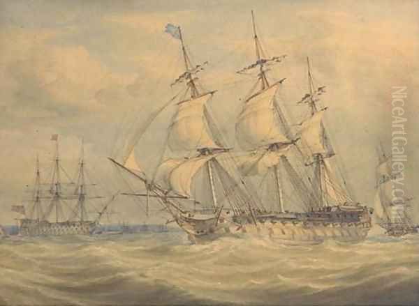 Men-o'war running past the anchorage - view 1