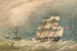A frigate and other shipping off a rocky coast by William Joy