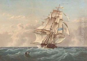 A Royal Naval two-decker heaving-to to pick up a man overboard