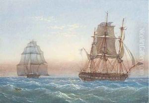 Three masted frigates in choppy seas by William Joy