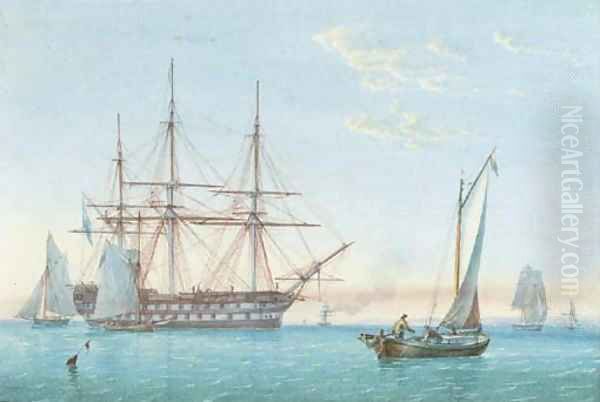 A Royal Naval two-decker lying in Spithead with small craft nearby - view 1