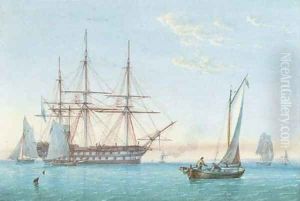 A Royal Naval two-decker lying in Spithead with small craft nearby by William Joy