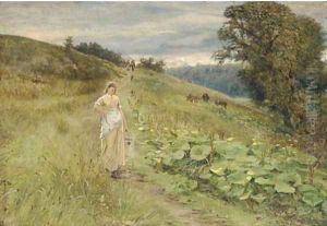 A milkmaid in a meadow by Robert Jobling