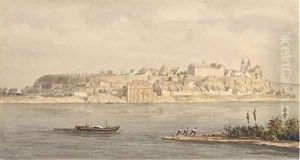 View of Brissac with figures on the embankment pulling a boat along the River Loire