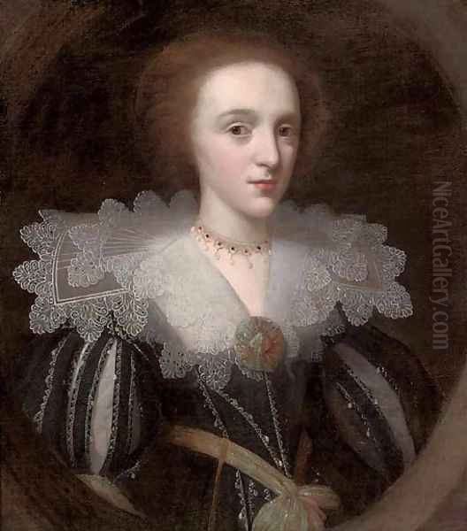Portrait of a lady, half-length, in a black and white slashed dress with a lace collar, and green and gold embroidered rosette and sash - view 1