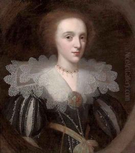 Portrait of a lady, half-length, in a black and white slashed dress with a lace collar, and green and gold embroidered rosette and sash by Johnson, Cornelius I