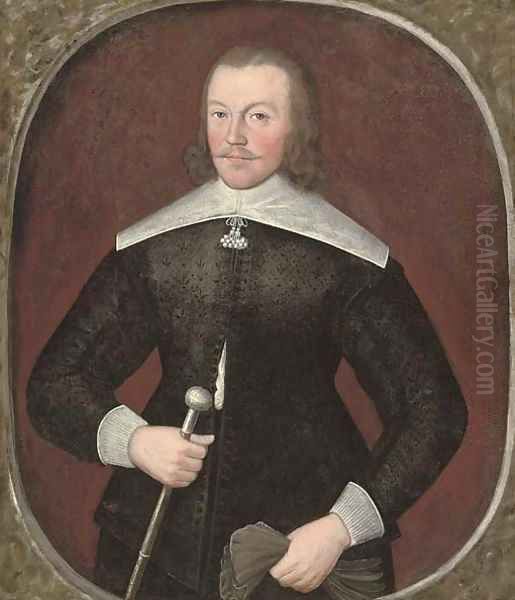Portrait of a gentleman, aged 35, three-quarter-length, in a black jerkin and white collar and cuffs, holding a pair of gloves in his left hand - view 1