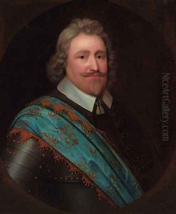 Portrait of a gentleman, bust-length, in armour and a blue sash, feigned oval