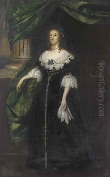 Portrait of a lady, full-length, in a black dress with lace collar and cuffs and pearl trimmed, by a green draped column - view 1