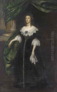 Portrait of a lady, full-length, in a black dress with lace collar and cuffs and pearl trimmed, by a green draped column