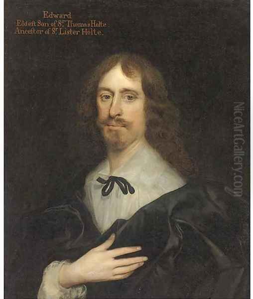 Portrait of Edward Holte Esq., half-length, wearing a black coat, white shirt and black tie, his right hand on his chest - view 1