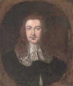 Portrait of a gentleman, bust-length, in a black coat and white collar, in a feigned oval by Johnson, Cornelius I