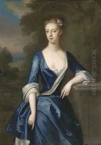 Portrait of a lady, three-quarter-length, traditionally identified as Elizabeth Patheriche, in a blue dress with a landscape beyond