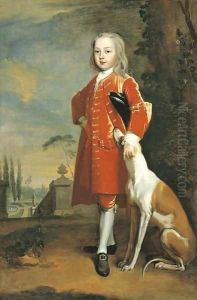 Portrait of a boy, full-length, in a red coat, a dog by his side, in a landscape by Charles Jervas