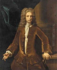 Portrait of a gentleman, three-quarter-length, in a brown coat, his left hand resting on a plinth, before a column by Charles Jervas
