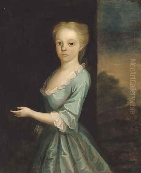 Portrait of a girl, standing three-quarter-length, in a turquoise dress, a landscape beyond - view 1