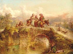 Travellers crossing a bridge with an angler on a river bank by Paul Jones