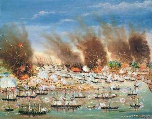 Farraguts fleet passing Fort Jackson and Fort St Philip by J. Joffray