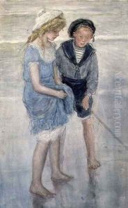 Children paddling at Scheveningen by Johan Antonio de Jonge