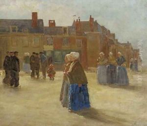 Figures in traditional dress in a sunlit street by Johan Antonio de Jonge
