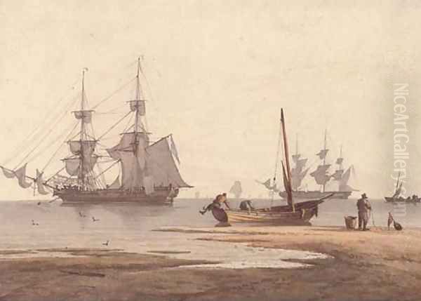 Merchantmen drying their sails offshore - view 1