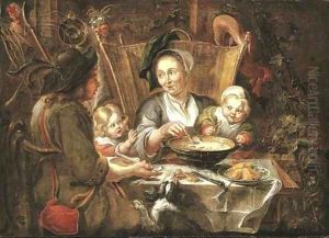 A peasant family dining in an interior by Jacob Jordaens