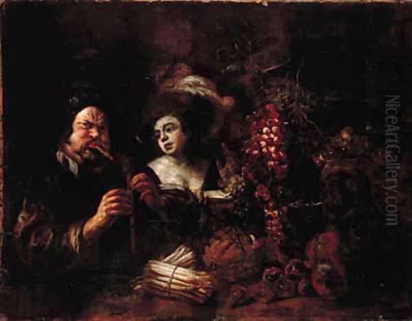 A bagpipe player and a lady by a table laden with fruit - view 1