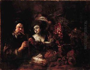 A bagpipe player and a lady by a table laden with fruit