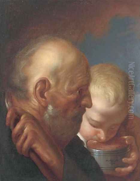 A man and a boy drinking from a bowl - view 1