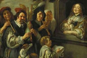 The Serenade Musicians serenading a woman at a window by Jacob Jordaens