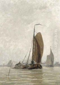 Sailingbarges in a breeze by Hendrik Willebrord Jansen