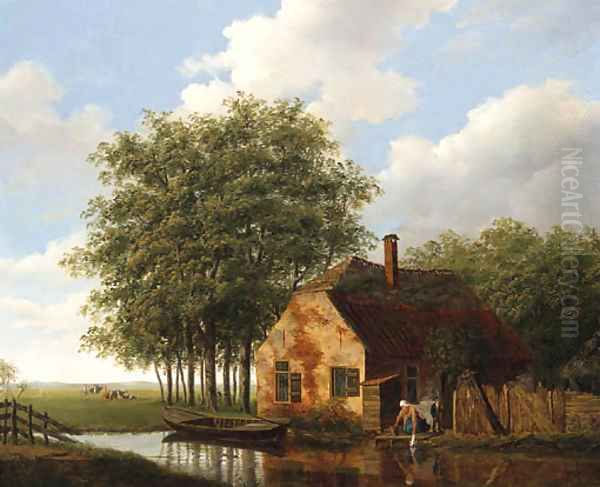 A Woman and Child outside a Cottage, Cattle grazing in a Meadow beyond - view 1