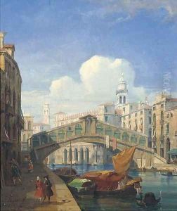 Figures before the Rialto bridge, Venice by Jules Romain Joyant
