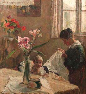 A sunlit interior with a mother sewing by a baby by Jacobus Frederik Sterre De Jong