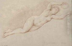 A reclining female nude holding a garland in her left hand by Nicolas-Rene Joullain