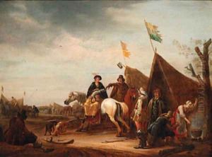 A military encampment with a lady on horseback before a tent