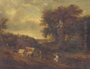 A wooded landscape with a herdsman and his cattle on a track by Philip Jakob